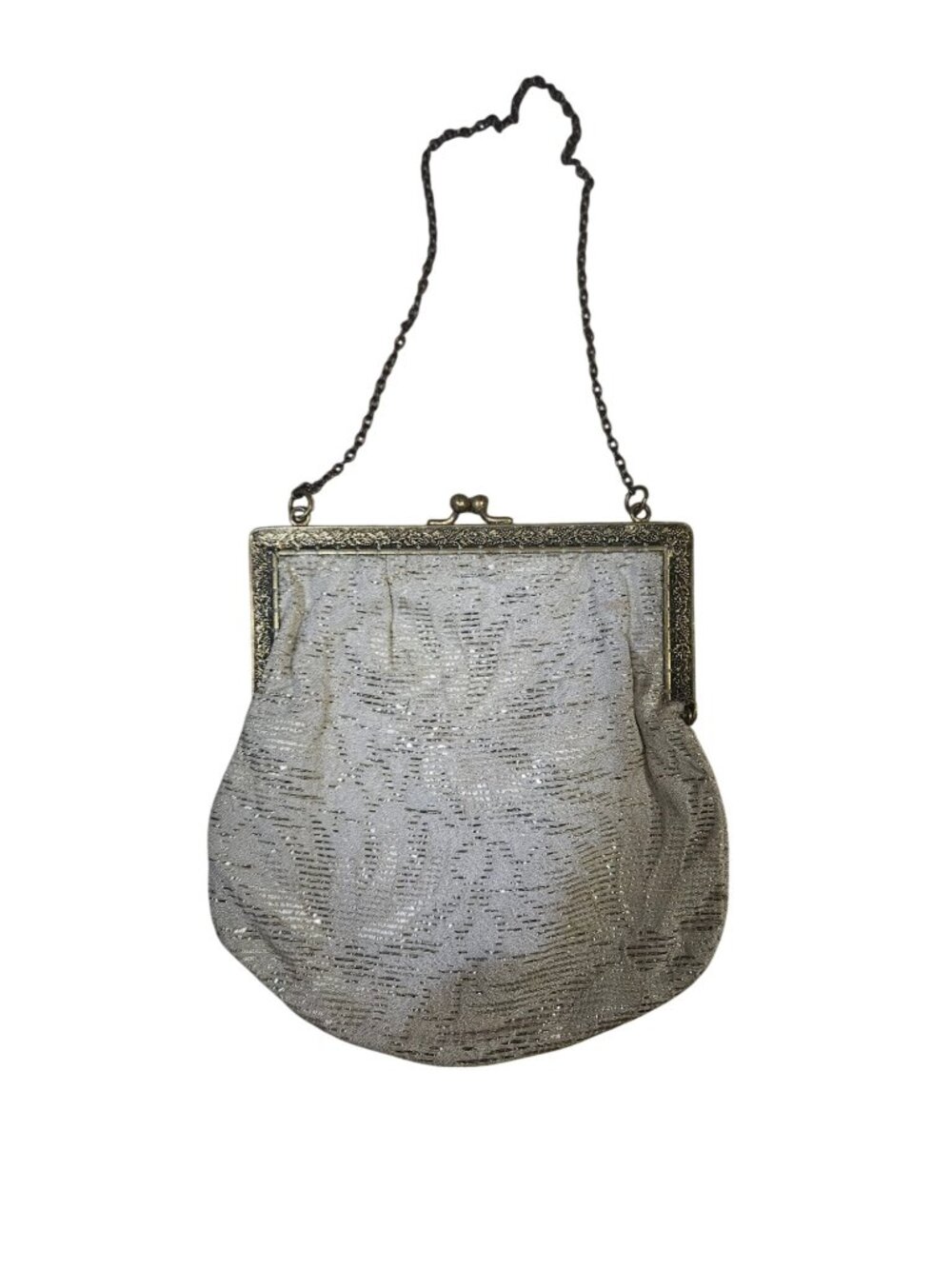 Vintage White Beaded Evening Bag With Gold Metal Frame & Chain Strap